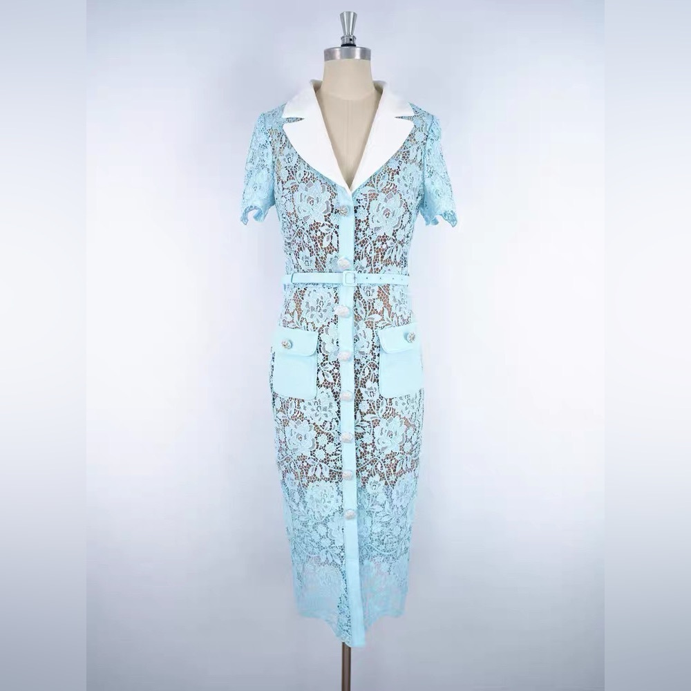 Self-Portrait Blue Lace Embellished Buttons Belted Mini Dress UK8/US4 NWOT - Picture 8 of 11